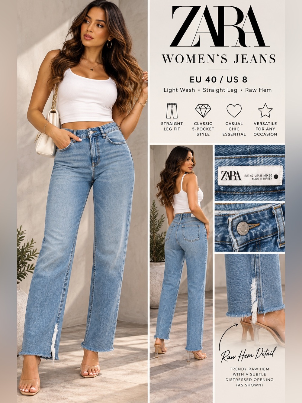 ZARA Light Wash Straight Leg Jeans in Blue Denim size 8